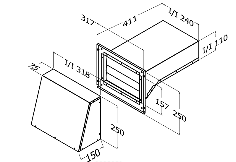 BD/WV/K-H-1</br>BBD/WV/K-H-1 SS</br>Back Draft Wall Vent & Cover Single Motor Horizontal kit assembled as one piece and Stainless Steel
